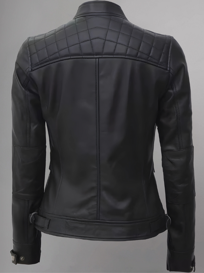 Women Tan Quilted Motorcycle Leather Jacket