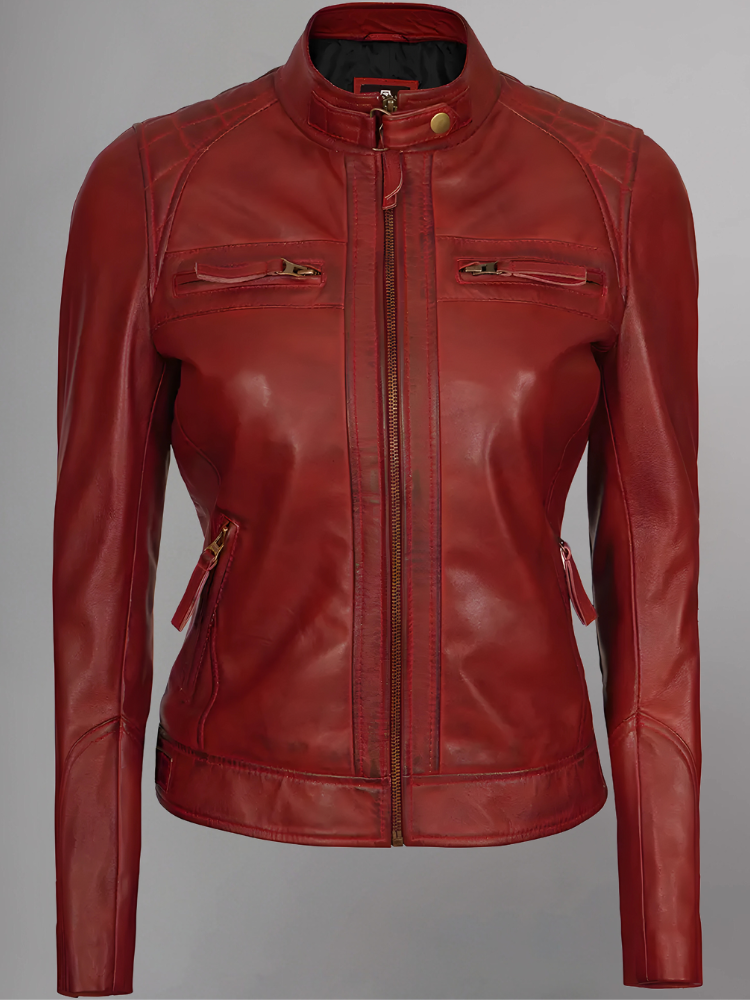 Women Tan Quilted Motorcycle Leather Jacket