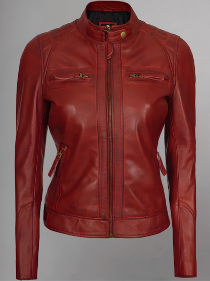 Women Tan Quilted Motorcycle Leather Jacket