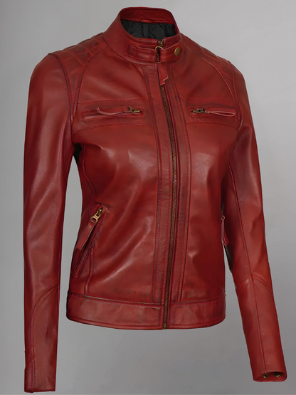 Women Tan Quilted Motorcycle Leather Jacket