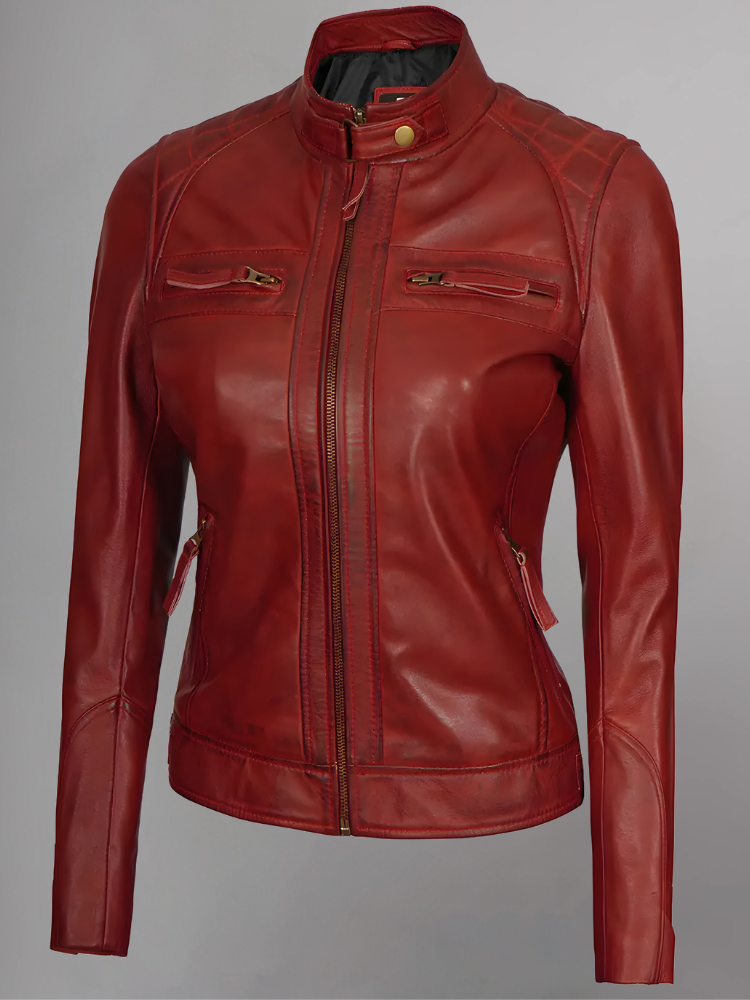 Women Tan Quilted Motorcycle Leather Jacket