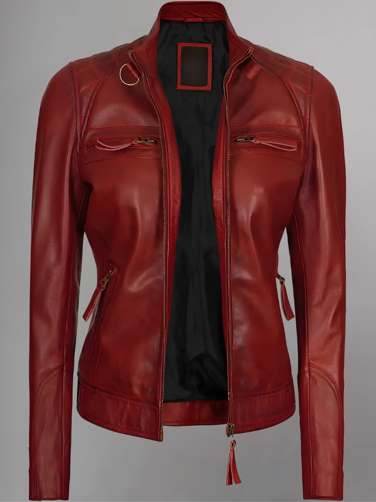 Women Tan Quilted Motorcycle Leather Jacket