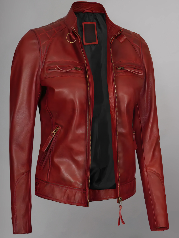 Women Tan Quilted Motorcycle Leather Jacket