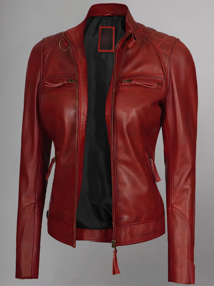 Women Tan Quilted Motorcycle Leather Jacket