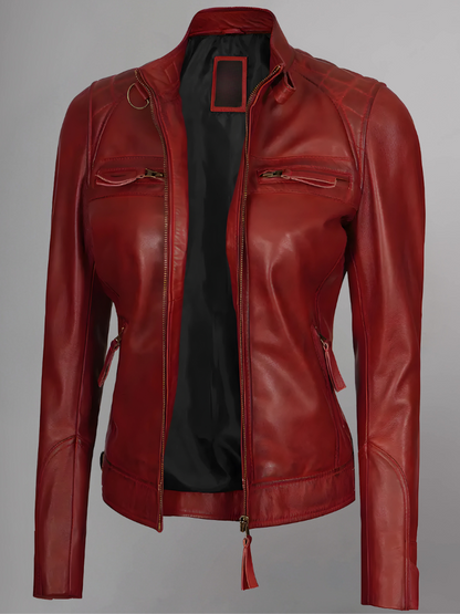 Women Tan Quilted Motorcycle Leather Jacket