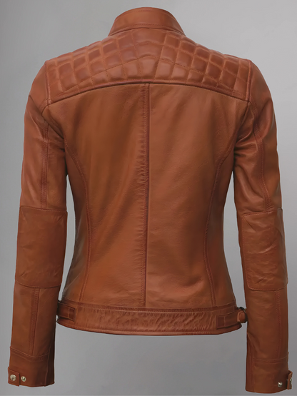 Women Tan Quilted Motorcycle Leather Jacket