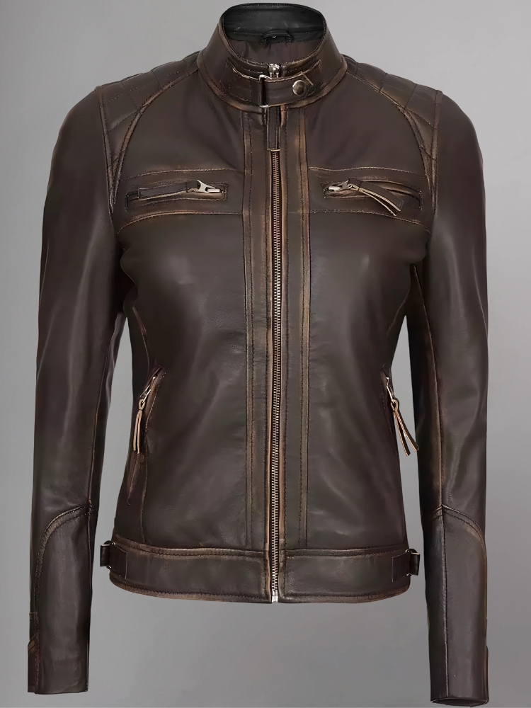 Women Tan Quilted Motorcycle Leather Jacket