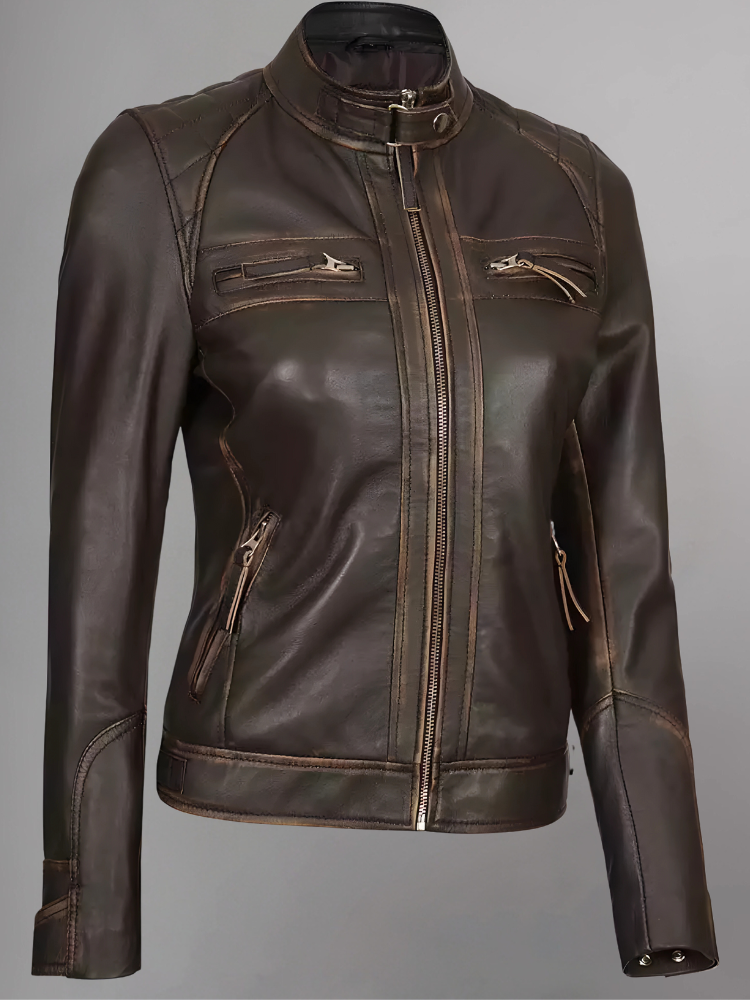 Women Tan Quilted Motorcycle Leather Jacket