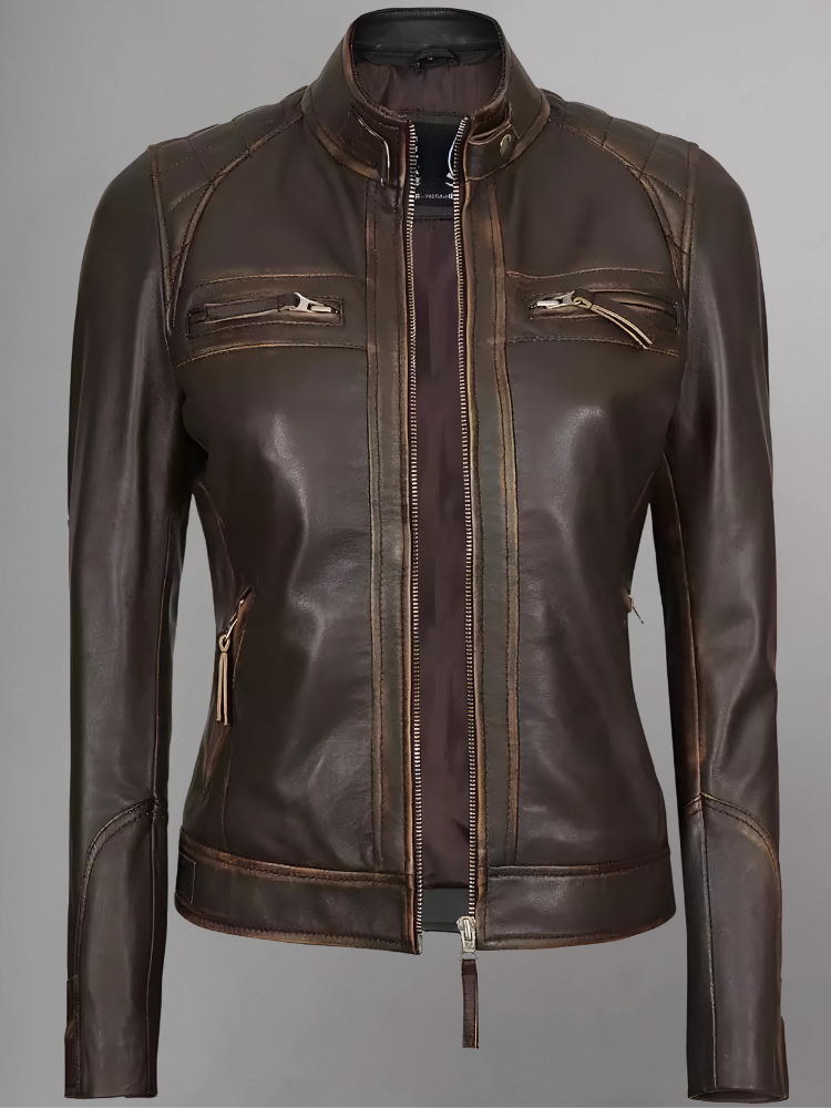 Women Tan Quilted Motorcycle Leather Jacket