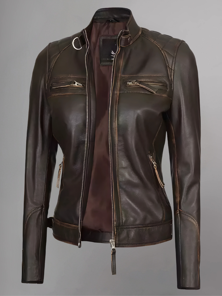 Women Tan Quilted Motorcycle Leather Jacket