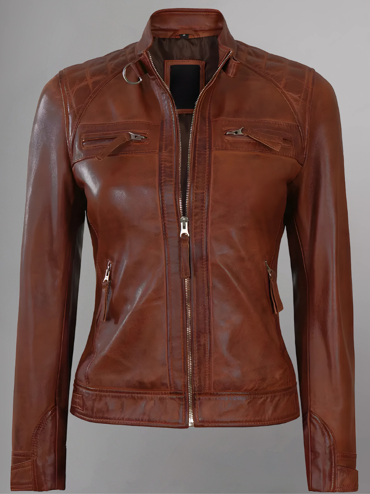 Women Tan Quilted Motorcycle Leather Jacket