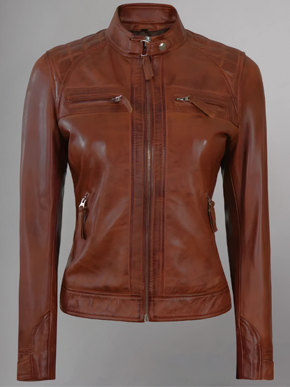 Women Tan Quilted Motorcycle Leather Jacket