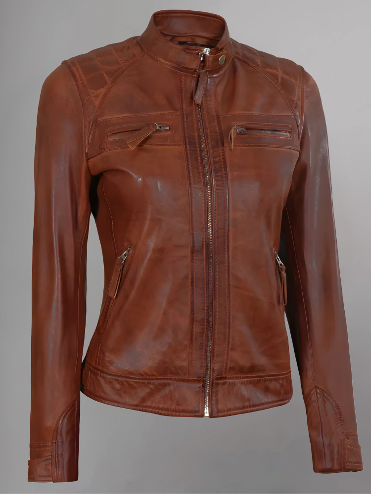 Women Tan Quilted Motorcycle Leather Jacket