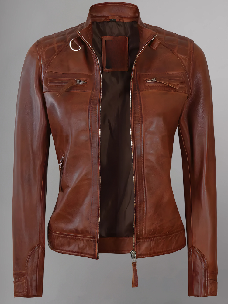 Women Tan Quilted Motorcycle Leather Jacket