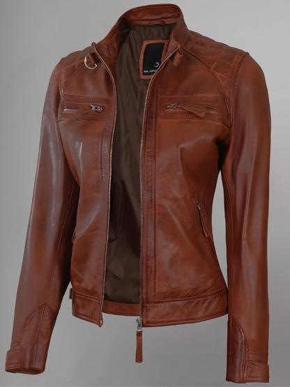 Women Tan Quilted Motorcycle Leather Jacket