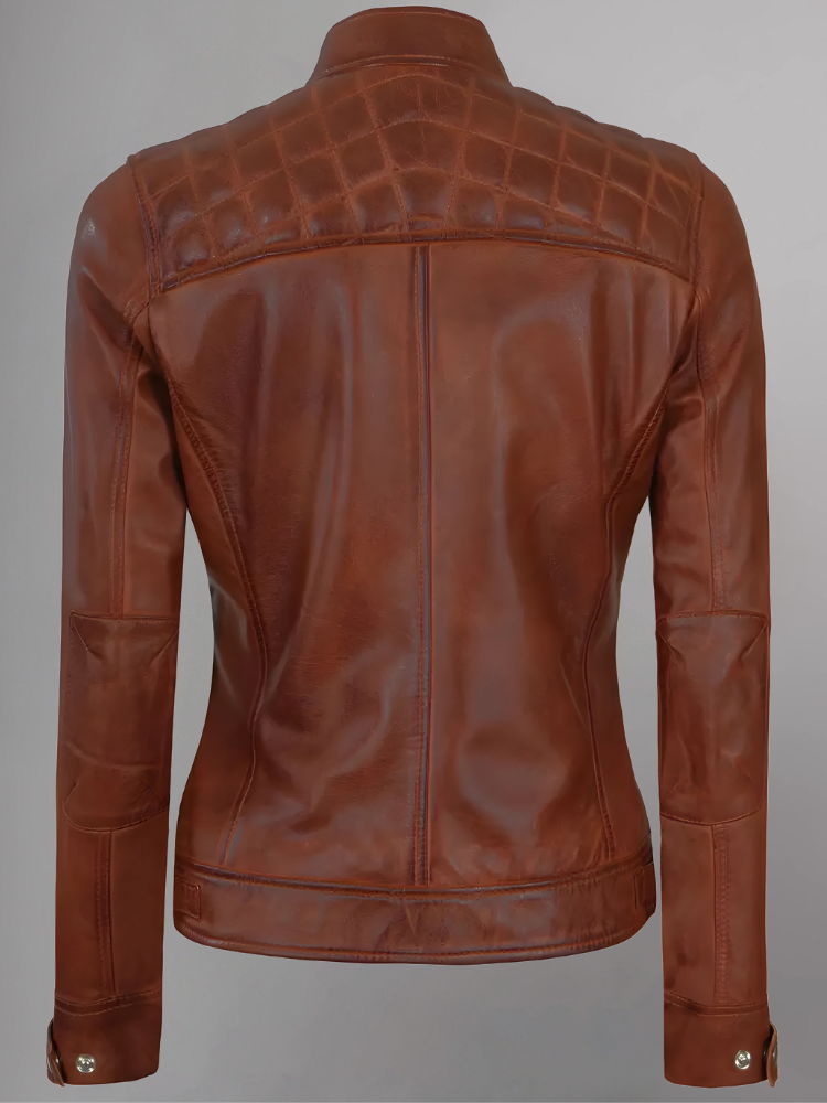 Women Tan Quilted Motorcycle Leather Jacket