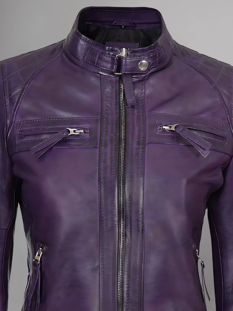 Women Tan Quilted Motorcycle Leather Jacket