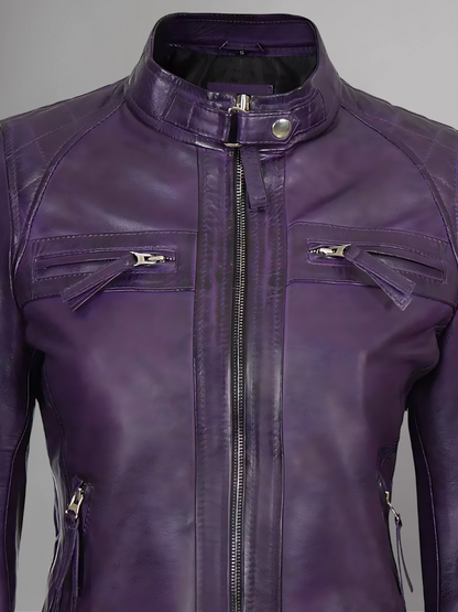 Women Tan Quilted Motorcycle Leather Jacket