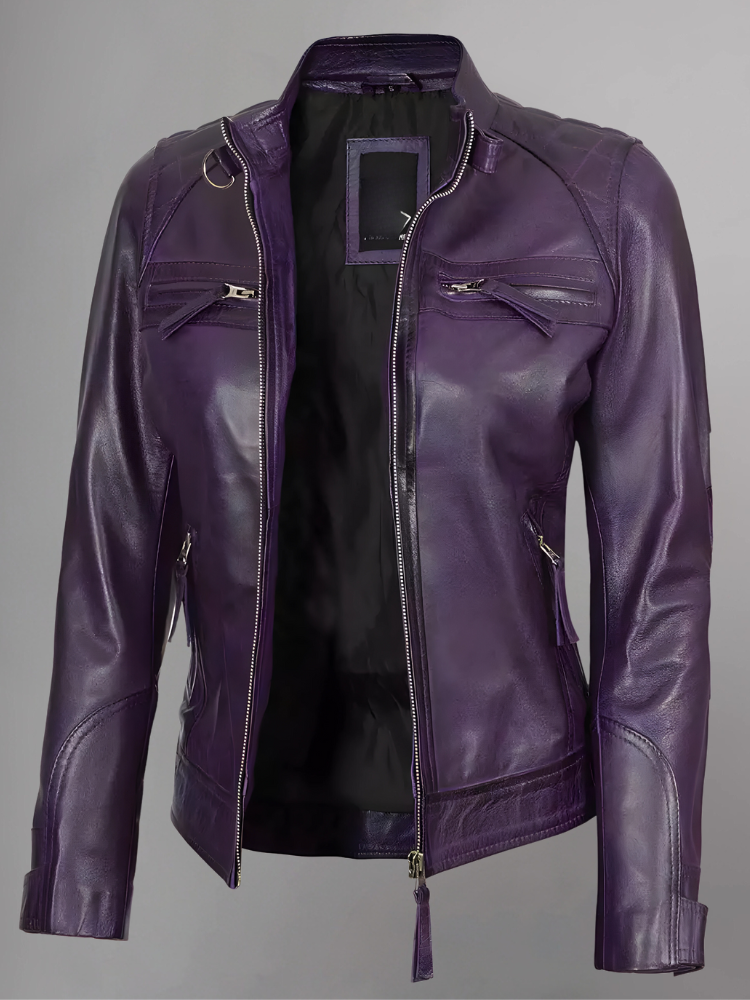 Women Tan Quilted Motorcycle Leather Jacket