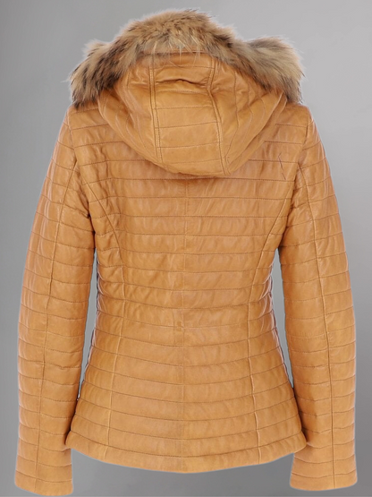 Women Yellow Quilted Sheep Skin Genuine Leather Jacket