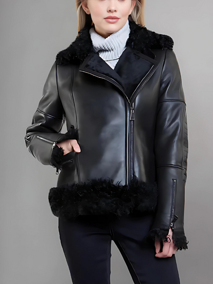 Women’s Black Leather Black Shearling Big Collared Jacket