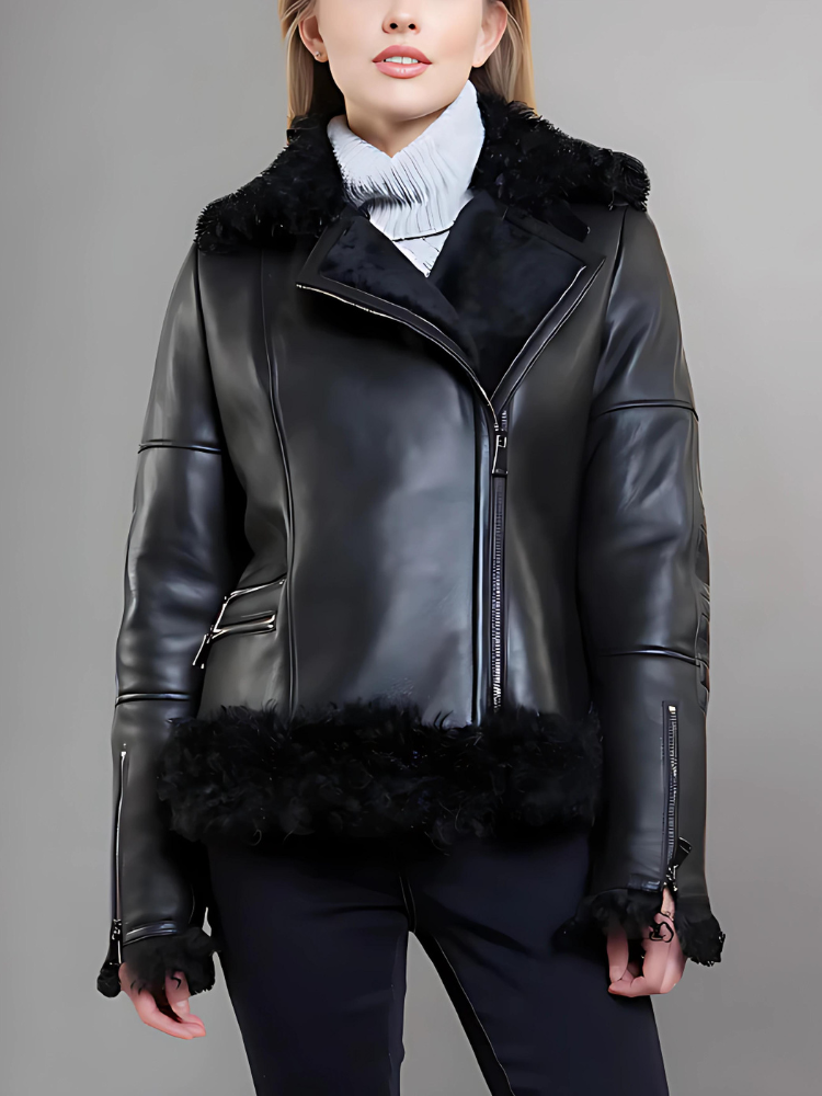 Women’s Black Leather Black Shearling Big Collared Jacket