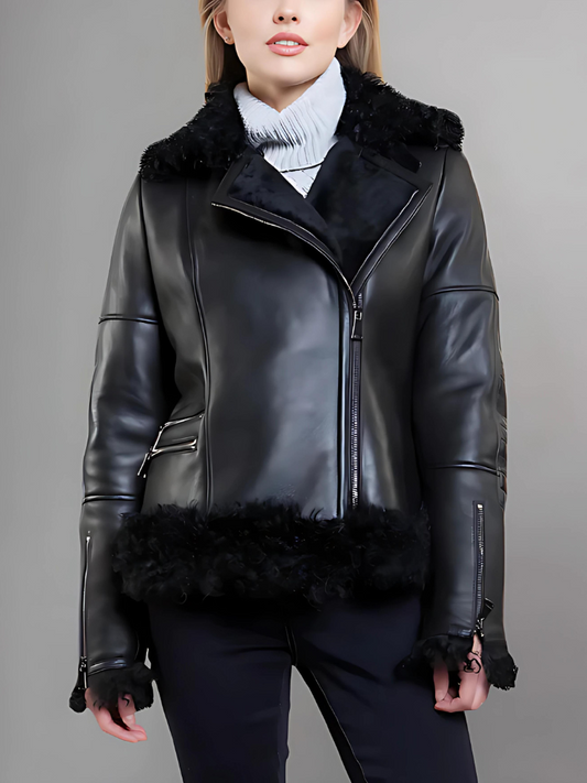 Women’s Black Leather Black Shearling Big Collared Jacket