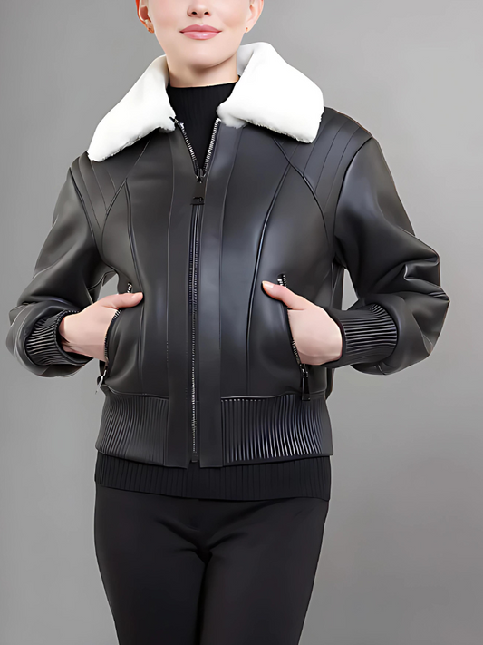 Women’s Black Leather White Shearling Bomber Jacket