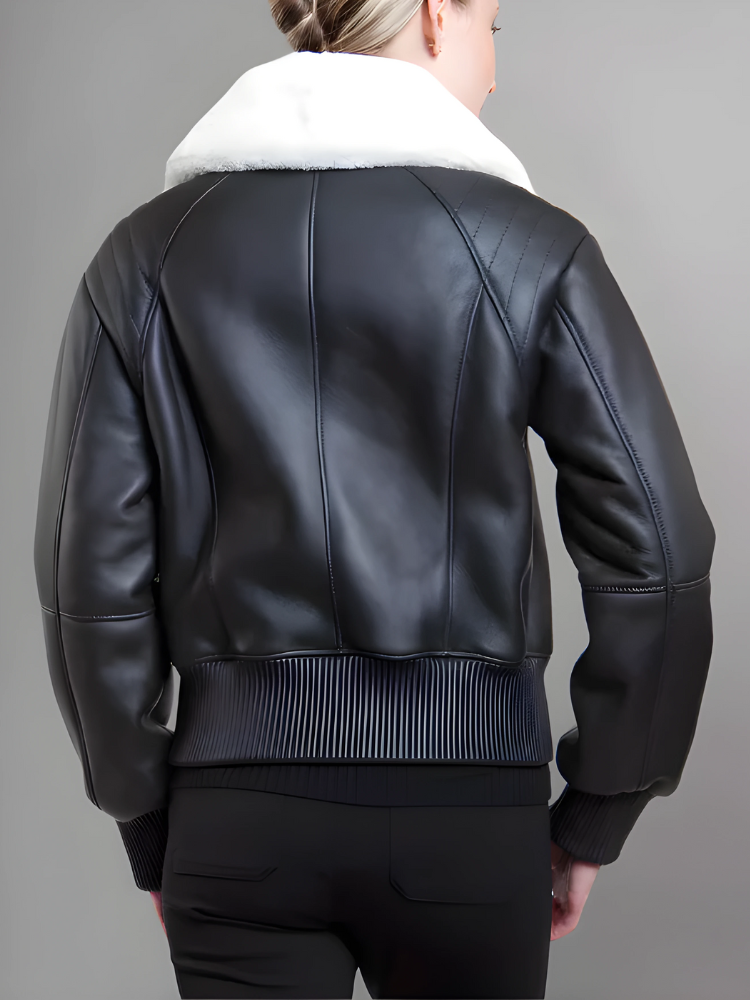 Women’s Black Leather White Shearling Bomber Jacket