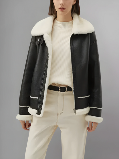 Women’s Black Leather White Shearling Collar Fur Jacket