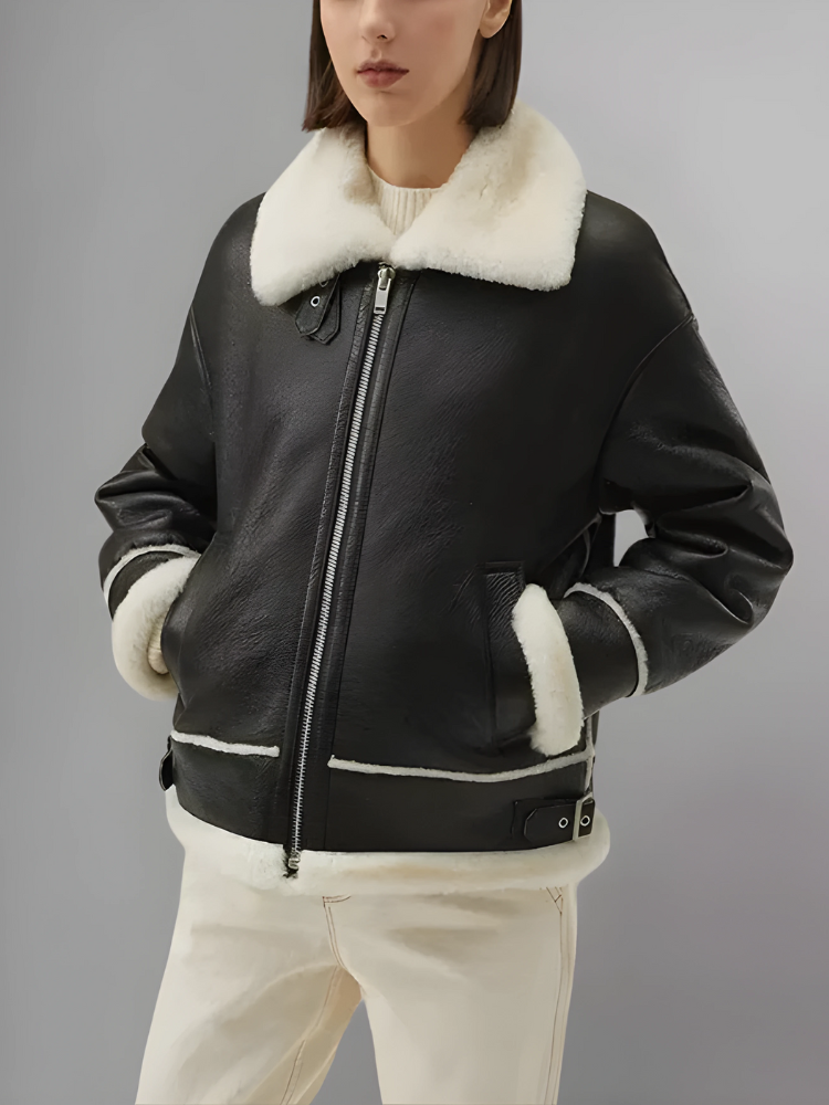 Women’s Black Leather White Shearling Collar Fur Jacket