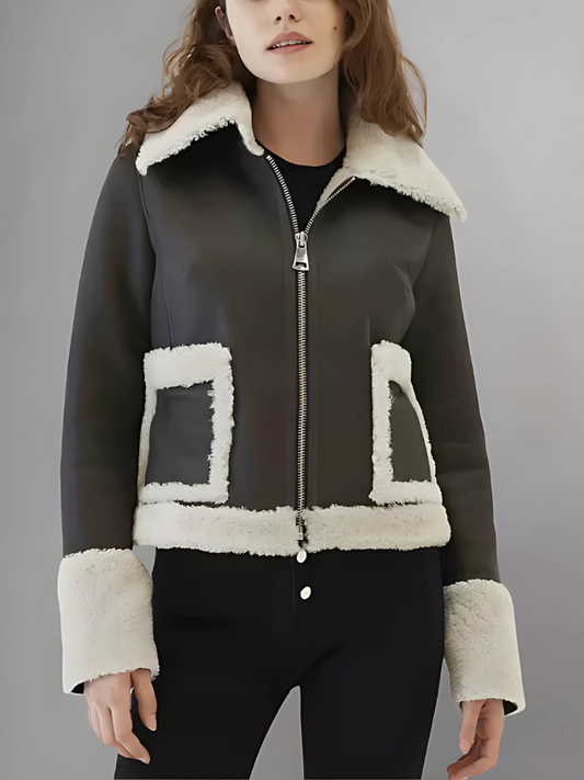 Women’s Black Leather White Shearling Fur Collar Jacket