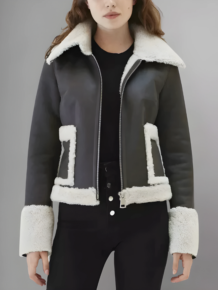 Women’s Black Leather White Shearling Fur Collar Jacket