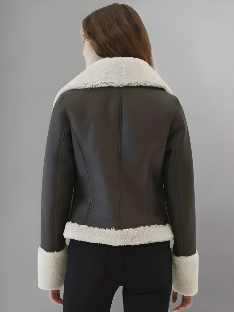 Women’s Black Leather White Shearling Fur Collar Jacket