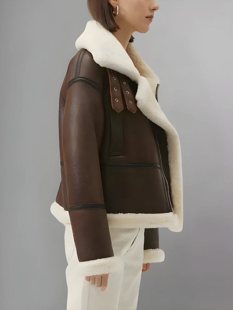 Women’s Chocolate Brown Leather Shearling Aviator Jacket