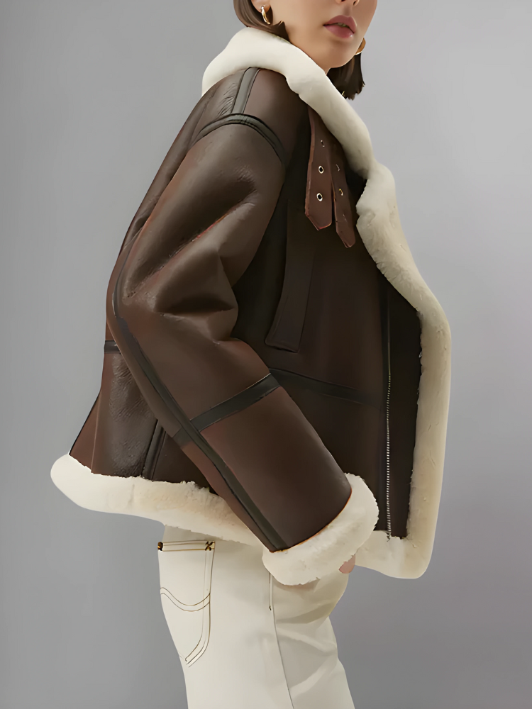 Women’s Chocolate Brown Leather Shearling Aviator Jacket