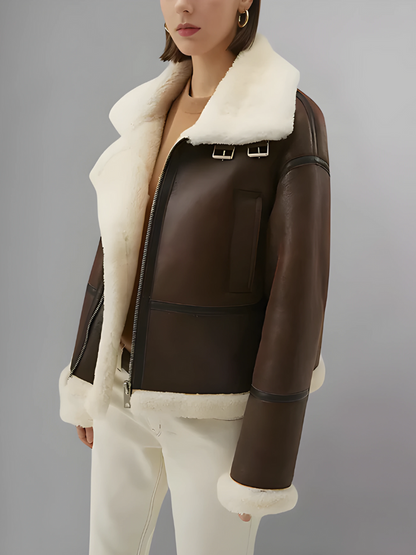 Women’s Chocolate Brown Leather Shearling Aviator Jacket