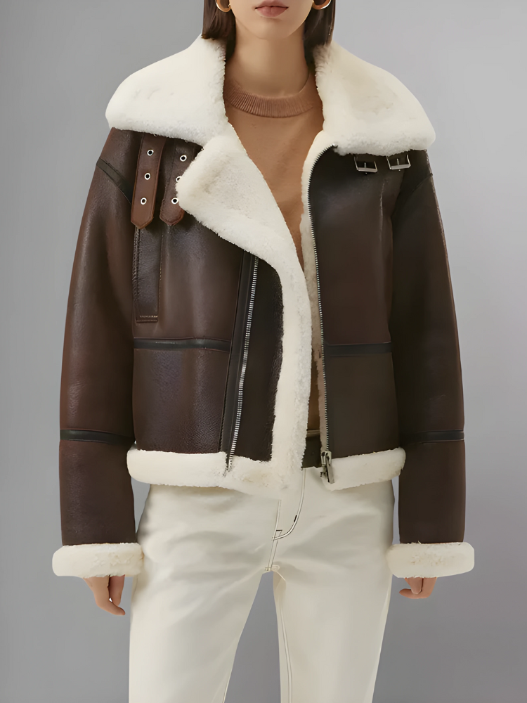 Women’s Chocolate Brown Leather Shearling Aviator Jacket