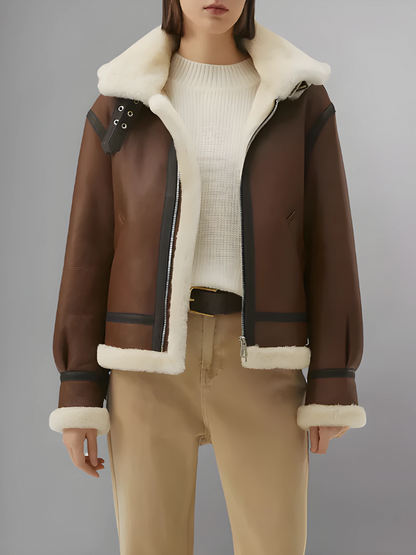 Women’s Chocolate Brown Leather Shearling Jacket With Removable Hood