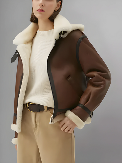 Women’s Chocolate Brown Leather Shearling Jacket With Removable Hood