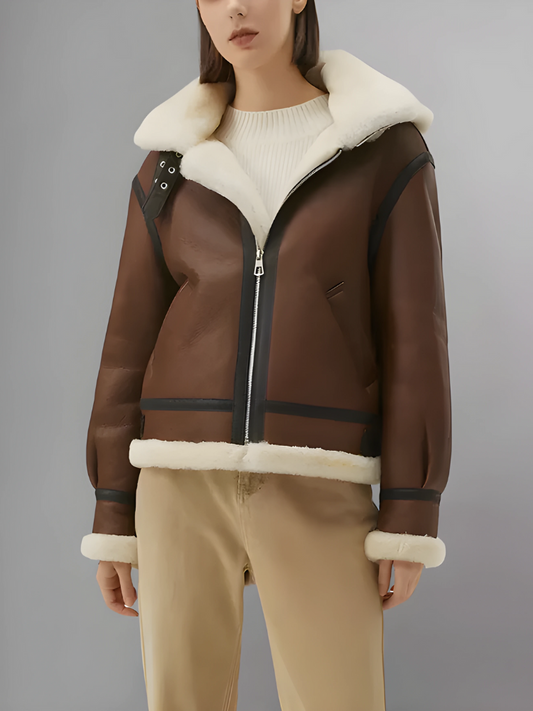 Women’s Chocolate Brown Leather Shearling Jacket With Removable Hood