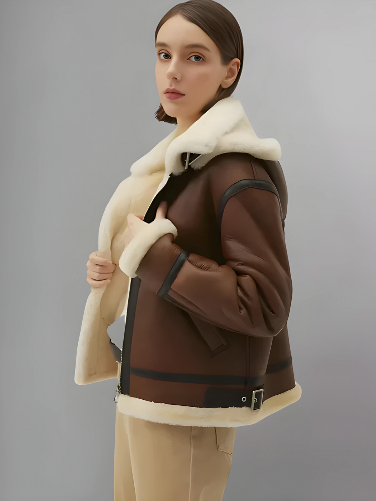 Women’s Chocolate Brown Leather Shearling Jacket With Removable Hood