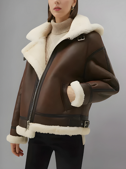 Women’s Chocolate Brown Leather Shearling Removable Hood Coat