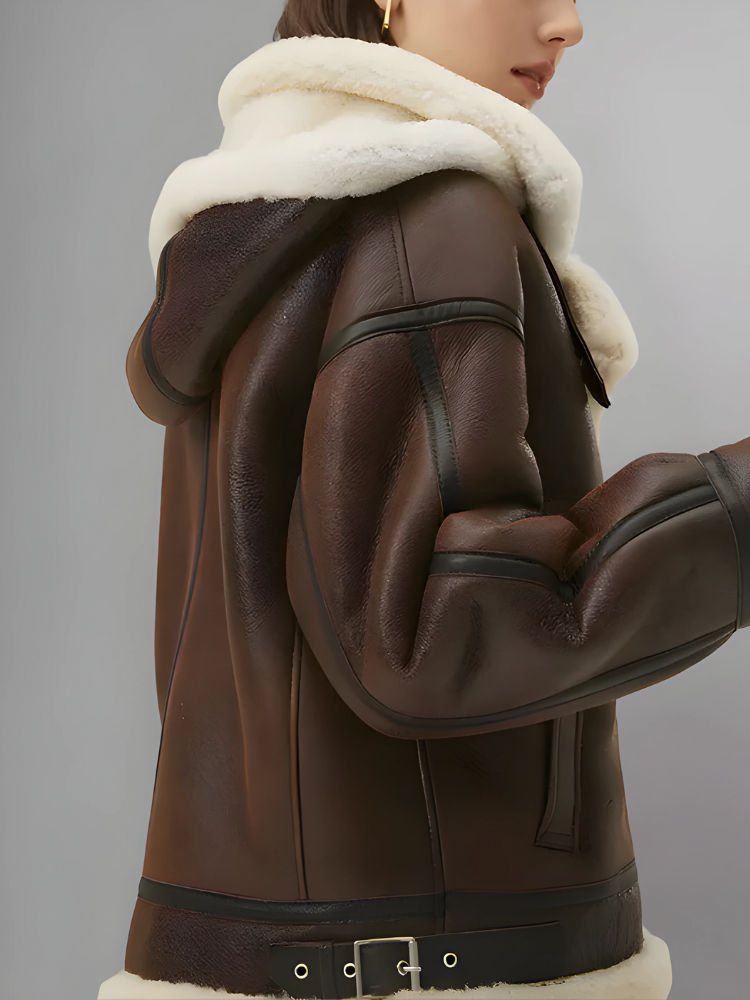 Women’s Chocolate Brown Leather Shearling Removable Hood Coat