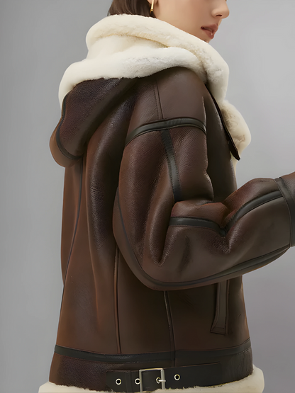 Women’s Chocolate Brown Leather Shearling Removable Hood Coat