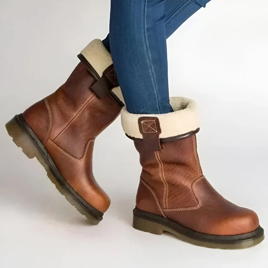 Women's comfortable leather ankle boots with faux fur