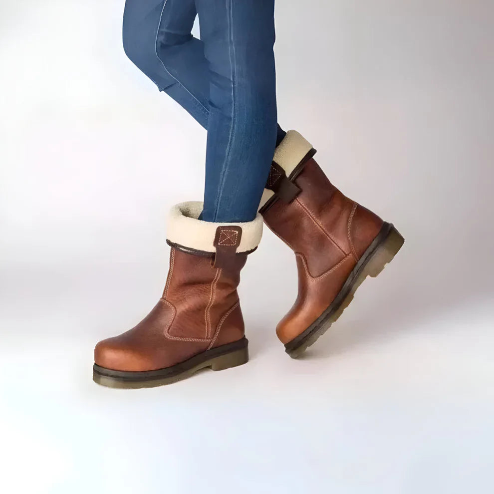 Women's comfortable leather ankle boots with faux fur