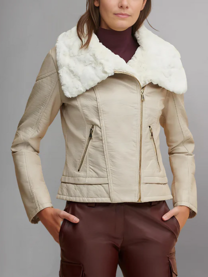 Women’s Cream Beige Leather White Shearling Big Collared Jacket