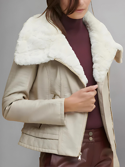 Women’s Cream Beige Leather White Shearling Big Collared Jacket