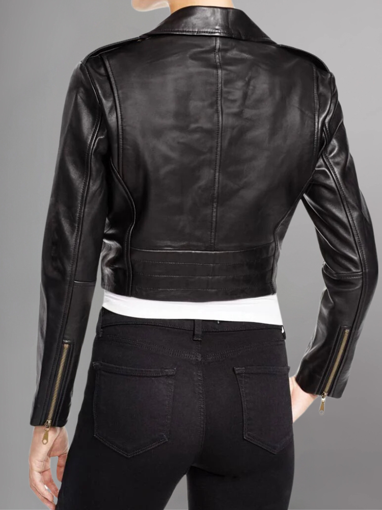 Women’s Cropped Belted Black Leather Jacket